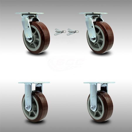 Service Caster 6 Inch SS Polyurethane Caster Set with Roller Bearings 2 Swivel Lock 2 Rigid SCC SCC-SS30S620-PPUR-BSL-2-R-2